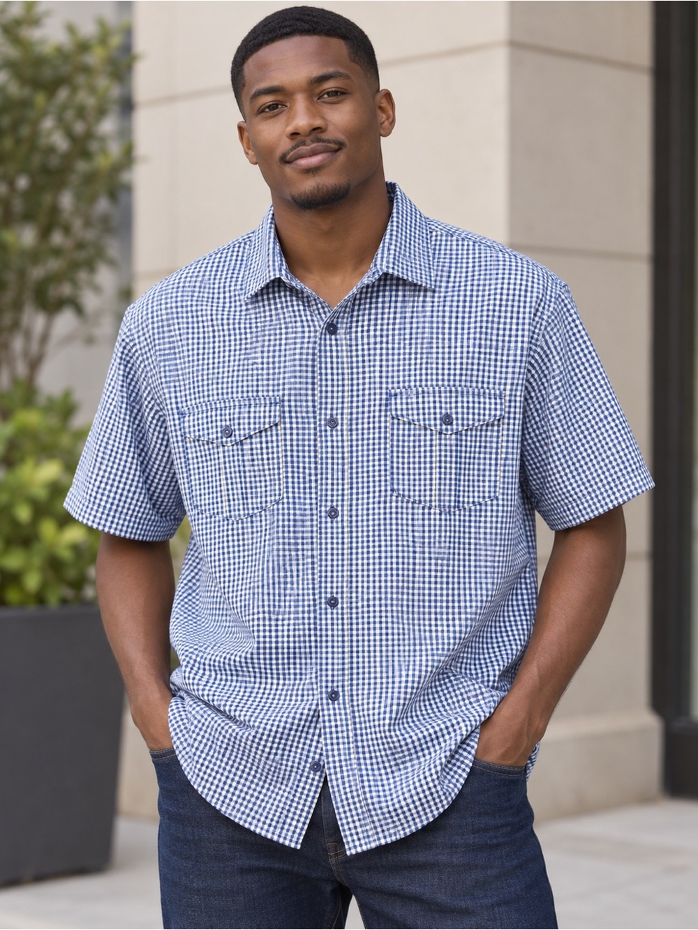Sean John Mens L Blue White Gingham Short Sleeve Original Fit Button Up Shirth